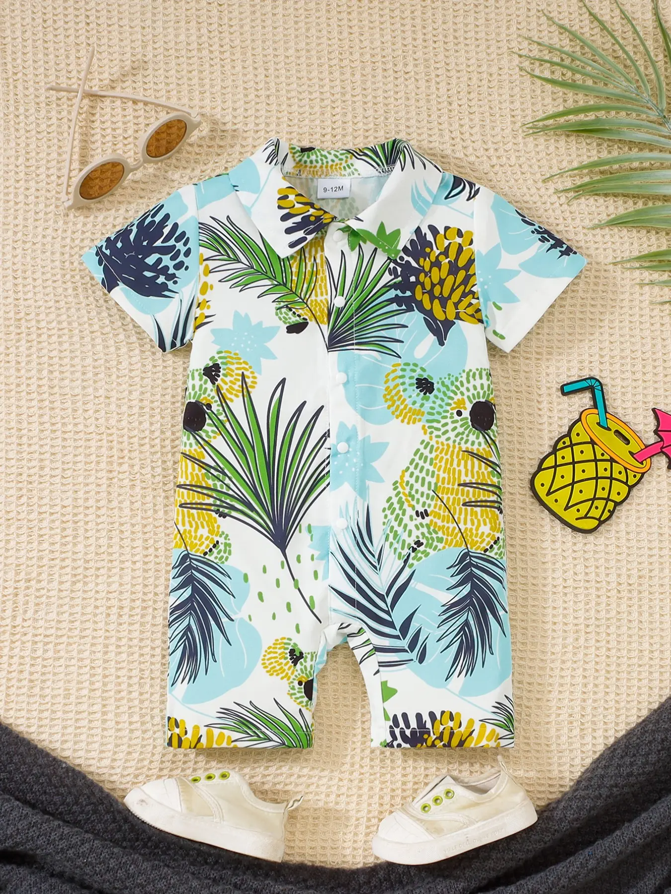Boys' Tropical Pineapple Print Short Sleeve Collared Romper, Toddler Romper, Baby Boy Clothes, Breathable and Skin-Friendly, Ideal for Summer Beach and Daily Wear