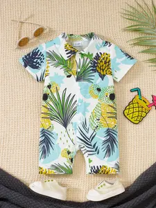 Boys' Tropical Pineapple Print Short Sleeve Collared Romper, Breathable and Skin-Friendly, Ideal for Summer Beach and Daily Wear