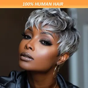 "Women's Chic Pixie Cut Human Hair Wig Ash Grey Balayage Glueless 150% Density Brazilian Remy Hair Layered Bangs Natural Fullness For Daily & Special Events "	