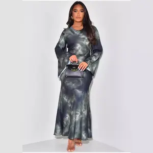 Loose-printed casual long dress made of cotton satin fabric