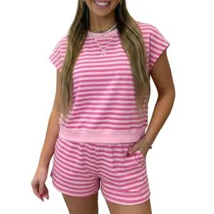 Pink Stripe Cap Sleeve Tee Elastic Waist Shorts 2pcs Outfit