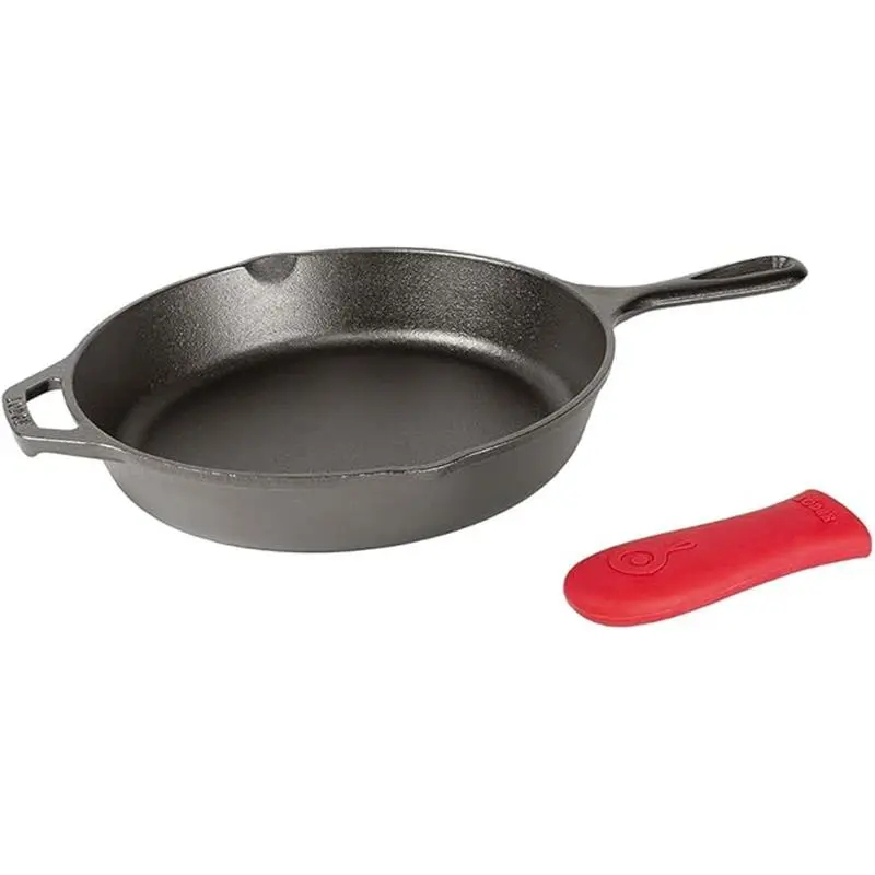 Lodge 12 Inch Cast Iron Skillet with Red Silicone Hot Handle Holder, Pre-Seasoned with 100% Natural Vegetable Oil, Includes Handle Holder - Cookware