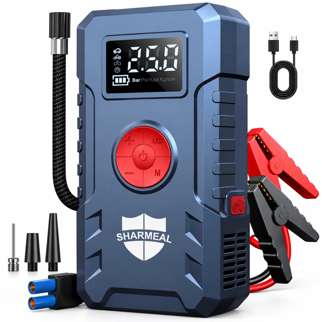 SHARMEAL 8000mAh Portable Car Jump Starter, 4000A 12V Battery Booster Pack with 150PSI Tire Inflator, LED Emergency Light, Power Bank for Phones & Tablets, Heavy-Duty Jumper Clamps for Cars, SUVs & Trucks