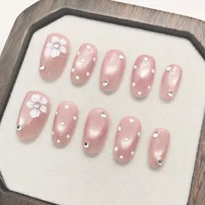 Pink Floral High Quality Handmade Press On Nails Art Set with Rhinestones and Polka Dots for Elegant Manicure