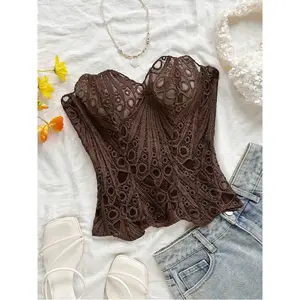 Women's Sheer Boho Floral Lace Court Corset Costume - Double-Layered Herringbone, Strapless Coffee Brown Hollowed-Out Embroidered Premium Fabric Shapewear, Sleeveless Boho Outfits for Young Vacation Wear
