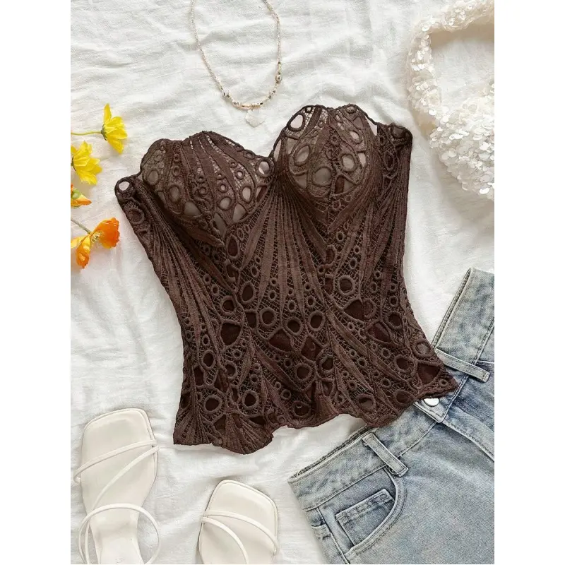 Boho Embroidered Corset Top for Women, Strapless Floral Knitted Bustier with Slim Fit, Asymmetrical Hem and Lace-Up Back, Fabric