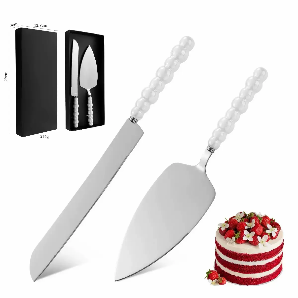 2pcs Pearl Ceramic Handle Stainless Steel Cake Server And Knife Set, Baking Tools, Pizza Spatula Pastry Scoop, Cake Cutter Tool, Suitable For Weddings, Birthdays, Parties - Mother's Day,  Valentine's Day, Graduation Multifunctional Kitchen Utensils