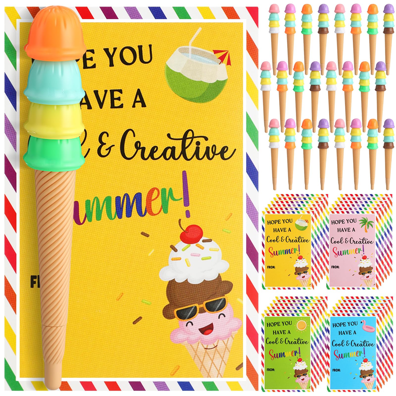 End of Year Gifts for Students Bulk Summer School Party Favors Ice Cream Pens Cards Plastic Cups with Lids for Elementary Preschool Girls and Boys Graduation Classroom Exchange Prizes Party Favors Goodie Bag Fillers Exchange Gifts Rewards