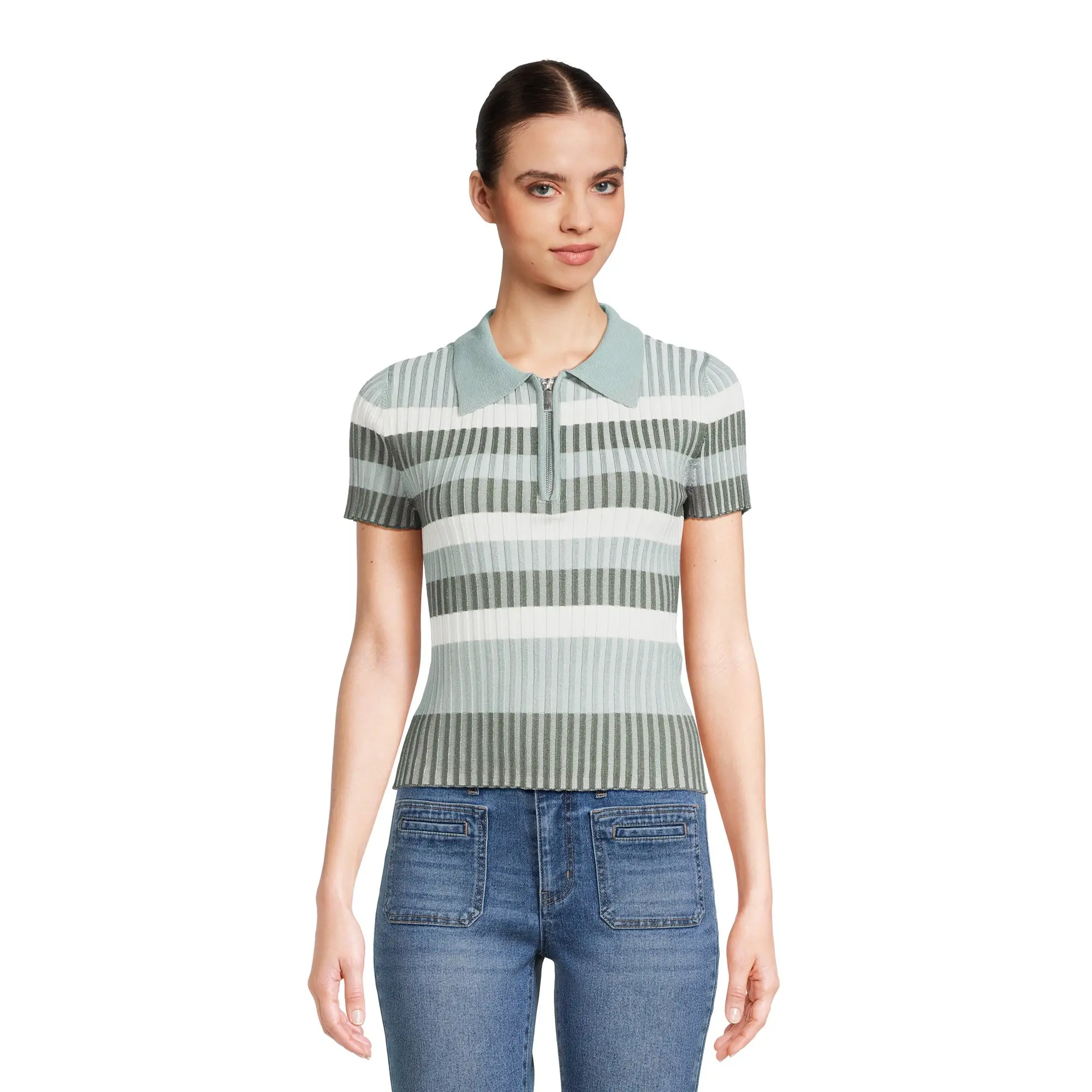 new NO BOUNDARIES women’s ZIP UP POLO SHIRT sz S green striped knit top fashion cute tee