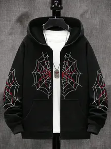 Men's Zipper Hoodie with Spider Web Design, Casual Fitted Sportswear for Fall & Winter, Street Style Fashion Sweatshirt
