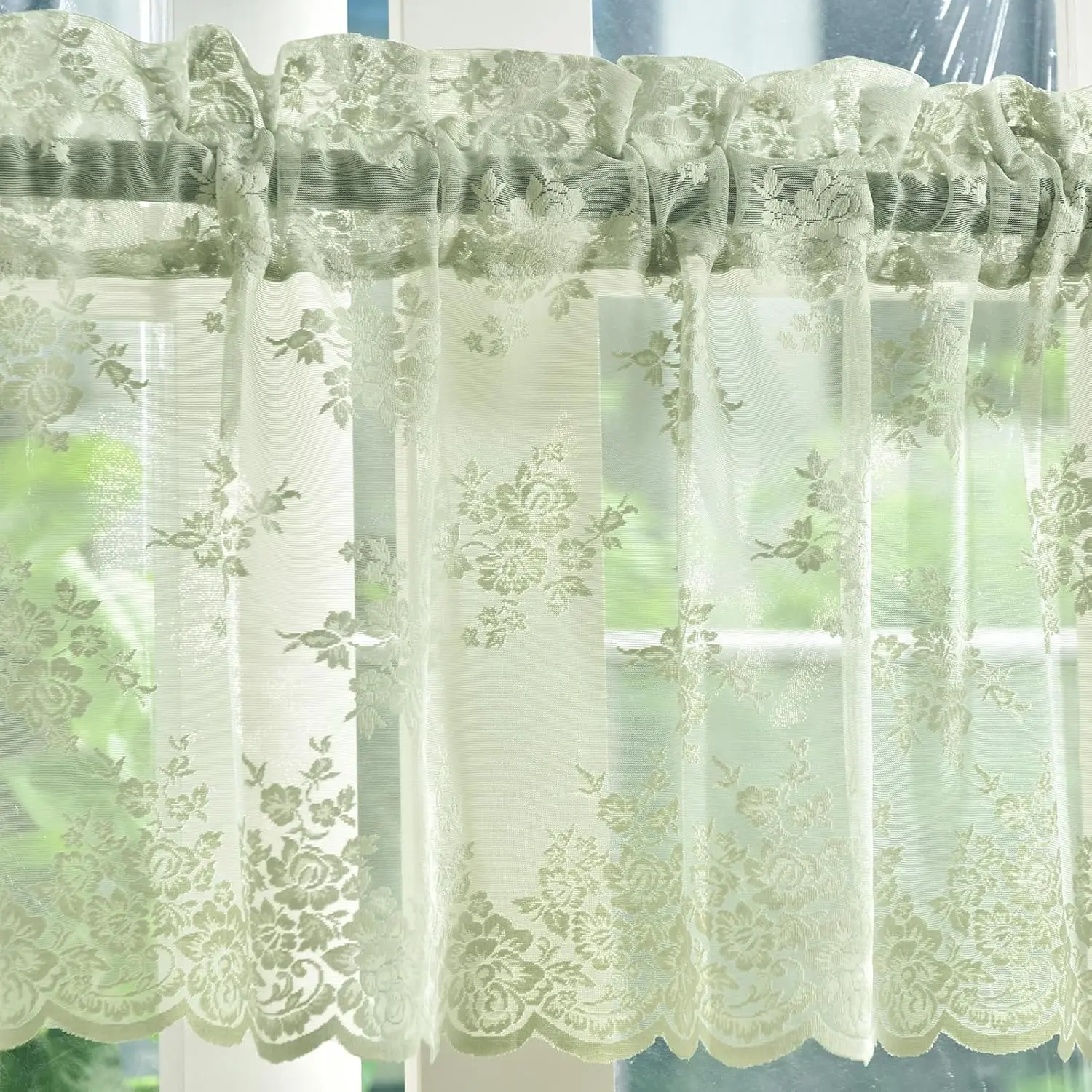 Light Sage Green Sheer Valance Curtain - 1 Non-Customised Rod Pocket Panel (52W x 18L in, 0 – 1 M), Low Iron Suede Flat Weave, Rustic Floral Light Filtering, Machine Washable Household Textile