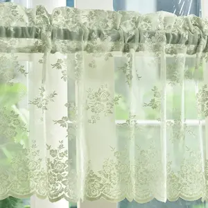Light Sage Green Sheer Valance Curtain for Windows, Rustic Floral Muted Green Window Lace Curtain 18 Inch Length, Rod Pocket Light Filtering Valance, 52W x 18L Inch, 1 Panel