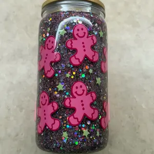 Christmas Tumblers Custom Made with Pink Gingerbread Man Design and Colorful Glitter for Festive Beverages