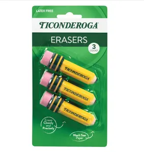 TICONDEROGA Erasers, Pencil Shaped, Latex-Free, Yellow, 3-Pack (38953)-Back to school