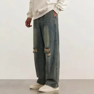 Men's Y2K Washed Patchwork Distressed Denim Jeans, Loose Fit Casual Slimming Trendy Straight Leg Wide Leg Denim Cargo Jeans