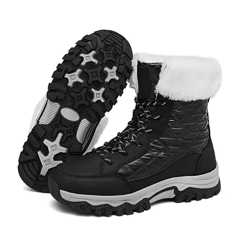 Women's Winter Waterproof Leather Ankle Booties, Faux Fur Lined, Lace Up, Warm Lightweight Anti-Slip Rubber Outsole, Padded Soft Stylish Casual Walking Shoes for Snowy Days (Black, White)