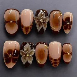 S48 Nailed by Vibe -  3D Coffee Floral Art Press-On Nails, Glossy Brown & Beige Tones, Handpainted Textures, Fall Inspired Vibe, Client's Choice Made-to-Order Set