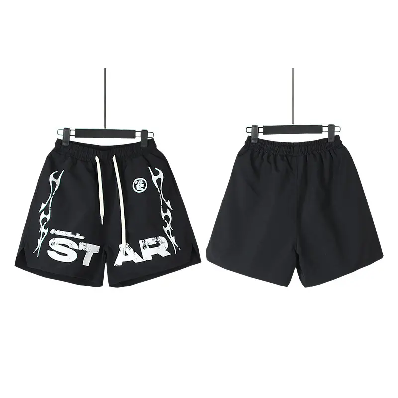 HELL STAR Vintage Washed Faded Flame Graffiti Print Sweat Shorts, Unisex Loose Drawstring Five-Point Casual Shorts, Retro High Street Letter Print Summer Beach Sports Shorts for Men Women
