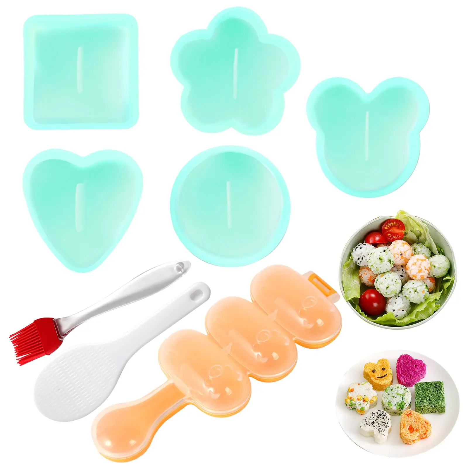 Onigiri Maker Mold  8 Sushi Musubi Kit Rice Ball Shake Makers With Small Paddle Brush For Kitchen.(green)