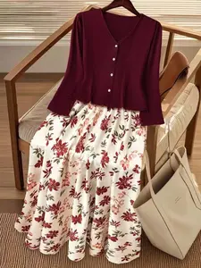 Women's Plus Size Spring & Fall Button Front Long Sleeves Fitted Top and Floral Half Skirt Set, Commuter Casual Versatile, Comfortable and Stylish