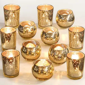 12Pcs Assorted Gold Mercury Glass Votive Tealight Candle Holders for Table Centerpiece Wedding Bridal Shower Engagement Party Festival Holiday Home Decor