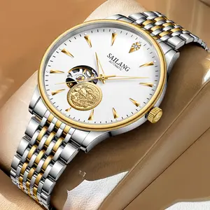 SAILANG Luxury Men's Automatic Skeleton Watch with Golden Dragon Design Luminous Hands Two-Tone Gold Silver Stainless Steel Strap Waterproof trendy choice Mechanical Sports Watch for Men