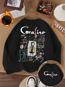 Fleece-lined crew neck sweatshirt with "Coraline" graphic lettering from the movie *Coraline*. Casual retro-style long-sleeved pullover. Crew neck casual sporty women's pullover sweatshirt. Autumn/Winter fleece-lined women's clothing.