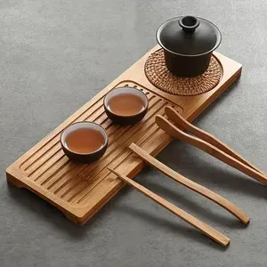 Bamboo Tea Tray, Rectangular Tea Serving & Storage Tray with Rattan Mat, Tea Tableware for Home Decor and Restaurant Use