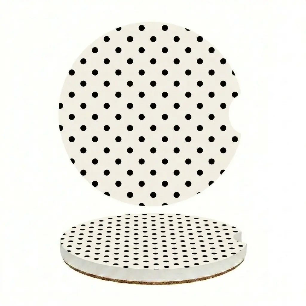 Black and White Polka Dot Car Coasters Set of 2, Minimalist Cup Holder Coasters, Classic Preppy Car Accessories for Women, Absorbent Vehicle Drink Coaster Inserts, Cute Auto Decor
