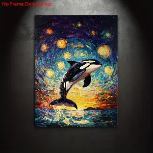 1 piece/set Frameless Canvas Painting Print Poster, Classic Oil Painting Style Art, Magical Orca under the Starry Sky, a perfect gift for animal enthusiasts, and an ideal gift for bedroom, living room, kitchen, dorm hallway, mural, wall decor, room decor