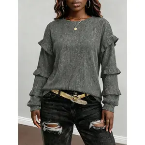 Women's Ribbed Ruffle Long Sleeve Top, Gray Round Neck Casual Blouse for Everyday Wear