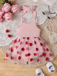 Baby Girls Valentine's Day Strappy Mesh Strawberry Triangle Top with Headband, Perfect for Romantic Outdoor Wear, Cute and Stylish