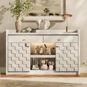 STO'SENSE 55" Sideboard Buffet Cabinet with Charging Station & LED Light, Coffee Bar Cabinet with Drawers, Pull-Out Shelf & Door Rack, Modern Storage Cabinet for Kitchen, Dining Room