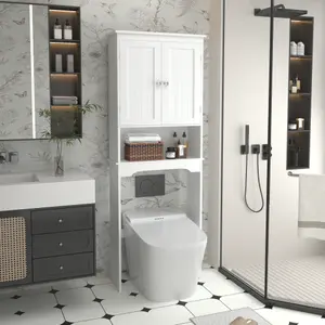 Wall-Mount Tall Over-The-Toilet Storage Cabinet - Adjustable Shelves, Durable MDF, Modern-Retro Design, Clean White Finish, Beadboard Detailing, Ideal for Bathrooms, Laundry Rooms, Wall-Mount Tall Cupboards