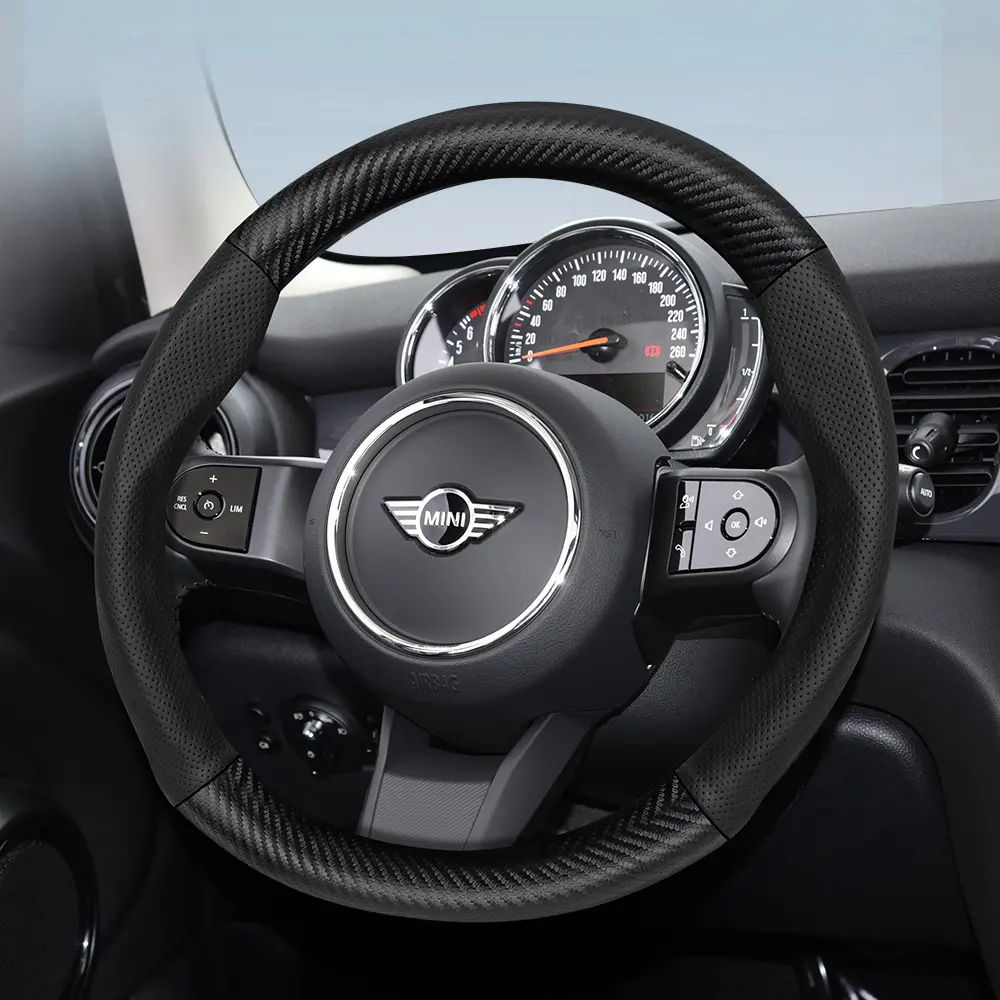 For MINI Steering Wheel Cover Frosted Carbon Fiber Textured Leather and Perforated Breathable PU Leather Fits MINI Cooper 3-Door/MINI Countryman/MINI Cooper 5-Door/MINI Cooper Convertible Black Burgundy Mocha, Car Accessories