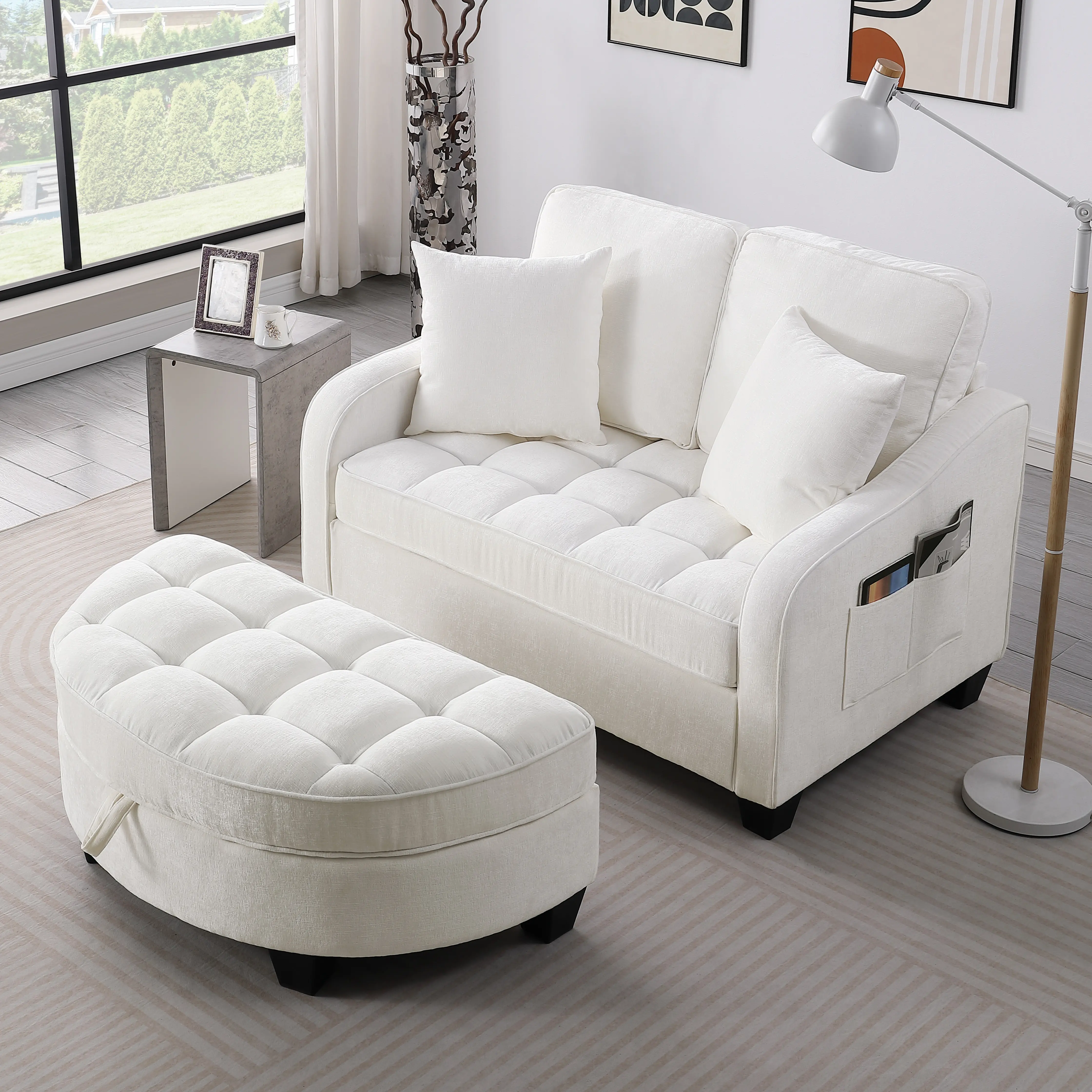 Niccae Two-seater sofa, double sofa chaise longue, with irregular armrests and backrests, footrest with storage space, comes with two small throw pillows, suitable for living room and bedroom -Pink