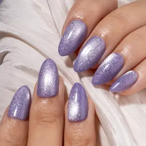 Curvlife medium almond  solid Gel Press On Nails geometric purple glossy shiny Nail Art 2 Week Wear