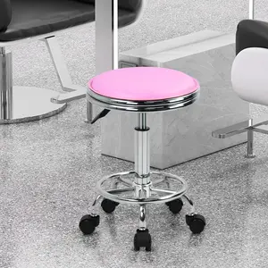 KKTONER Round Rolling Stool with Foot Rest PU Leather Height Adjustment Modern Industrial Metal Style Swivel Spa Salon Tattoo Work Massage Stools Small (Purple Pink)