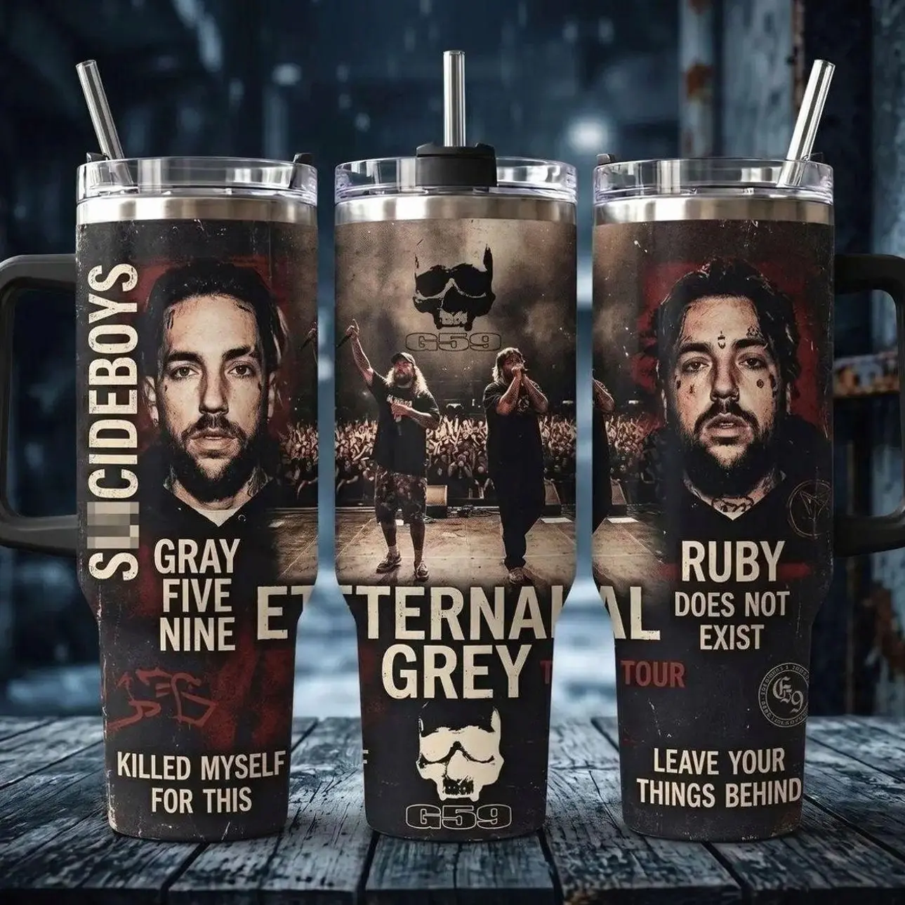 G59 Eternal Grey Tour Tumbler 40oz with Handle, SB Ruby Does Not Exist Insulated Travel Mug with Straw, Gray Five Nine KMT Stainless Steel Cup, Leave Your Things Behind Hip Hop Merch, Retro Rap Duo Fan Birthday Gift for Him