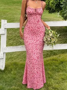 Women's Floral Halter Long Dress, Summer Pure Desire Slim Fit, High Waist Fish Tail Beach Vacation Dress, French Style Fashion Elegance
