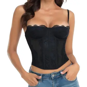 Women Sexy Lace Bustier Corset Top Boned Shapewear Waist Trainer Sheer Mesh Crop Top Y2K Coquette Aesthetic Going Out Clubwear Party Outfit Spring Festival Date Night Romantic Bachelorette Bridal Camisole Adjustable Strap Snatched Fit