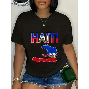 Women's Elegant Haitian Pride T-Shirt - Bold Haiti Flag Map & Text Print, Black with Red/Blue/Green/White/Orange, Regular Fit Casual Short Sleeve Shirt for Flag Day & National Celebrations, Cultural Celebration Wear | Comfortable Fabric