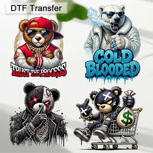 4pcs/set Hip Hop Bear DTF Heat Transfer Design for Clothing T-shirts Jackets Bags Pillowcases Easy to Use Ironing Pattern
