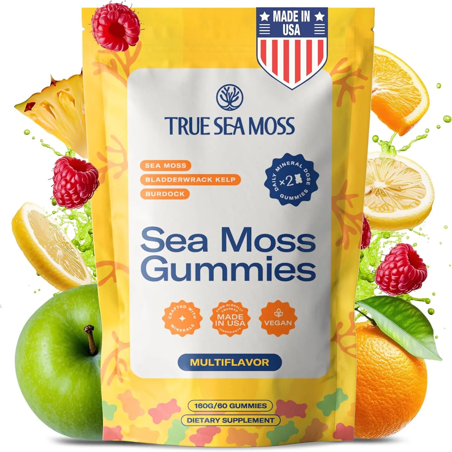 Sea Moss Gummies 60 Count with Bladderwrack and Burdock Root Natural Superfood Formula for Immune Thyroid and Digestive Support Vegan Fruity Flavor Gummies for Adults and Kids Daily Dietary Supplement for Family Wellness and Vitality Support