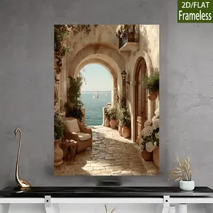 2D Flat, Mediterranean Style Archway Courtyard Decor Set, Canvas Print 2D Flat Unframed, 1pc