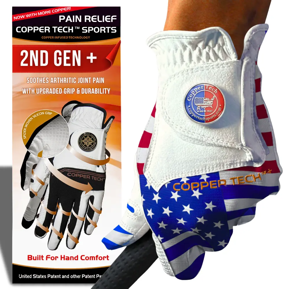 Copper Tech Plus Men's Golf Gloves (1 Pack) - USA Flag Golf Glove with Ball Marker - 100% AAA Synthetic Tacky Leather Golf Glove Golf Accessories