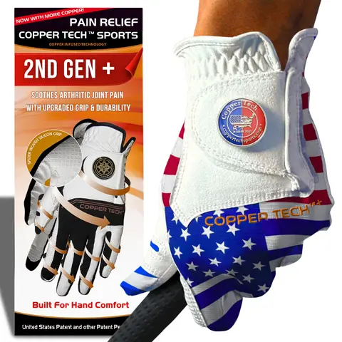 Copper Tech Plus Men's Golf Gloves (1 Pack) - USA Flag Golf Glove with Ball Marker - 100% AAA Synthetic Tacky Leather Golf Glove Golf Accessories