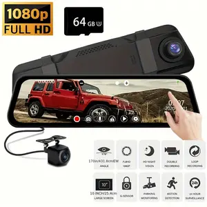 Dash Cam Front and Rear Mirror, Smart Safety Monitoring, 10'' 1080P FHD Rear View Mirror Camera Full Touch Screen, Backup Camera Car Accessories, Night Vision Loop Recording G-Sensor 170° Wide Angle with Parking Mode 32GB card
