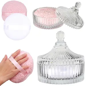 Mothers Day Gift Body Powder Container with Large Powder Puff (2 Pack, 6" Glass Jar), Decorative Crystal Powder Puff Holder for Loose Powder, Talcum Powder, Gift Set for Women and Babies