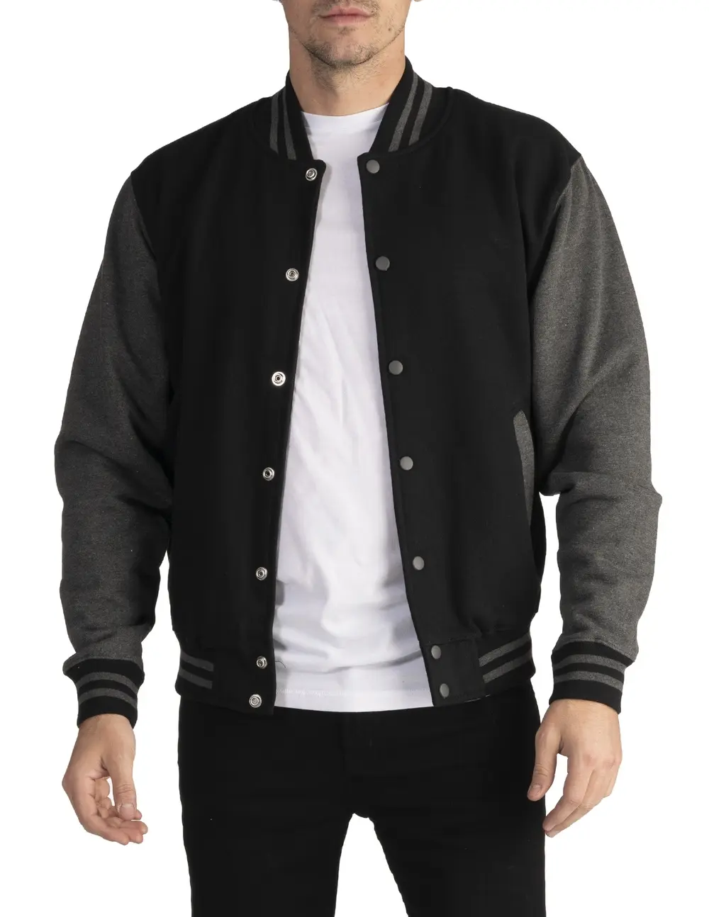 Pro Club Men's Varsity Heavyweight Fleece Baseball Jacket - Black/Charcoal - Small